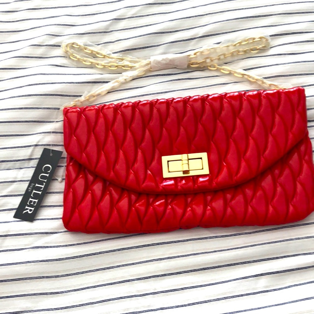 RED purse clutch bag gold long chain NWT